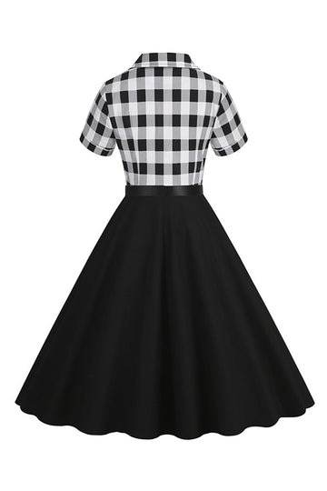 Cuello en V Mangas Cortas A Cuadros Negro 1950s Vestido Con Cinturón